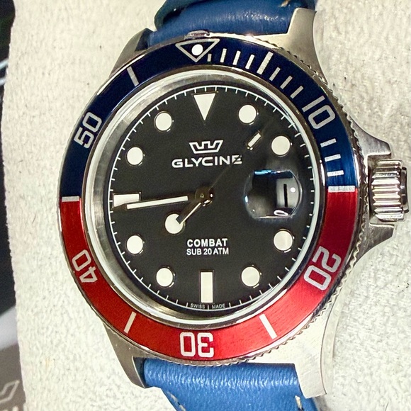 Glycine Combat Sub Date Red/Blue “Pepsi”Bezel Sport Mens Watch - Picture 3 of 7